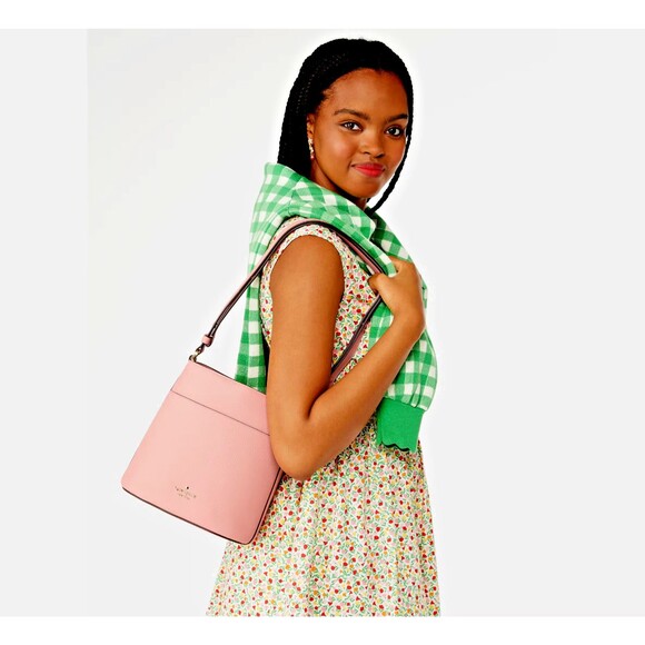 New Kate Spade Leila Small Bucket Bag Pebbled Leather Peachy Rose - Picture 3 of 5